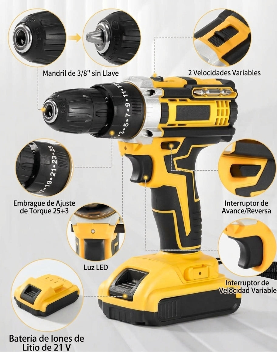 🔥 Taladro Potencia 21V – Kit 26 Piezas + 2 Baterías