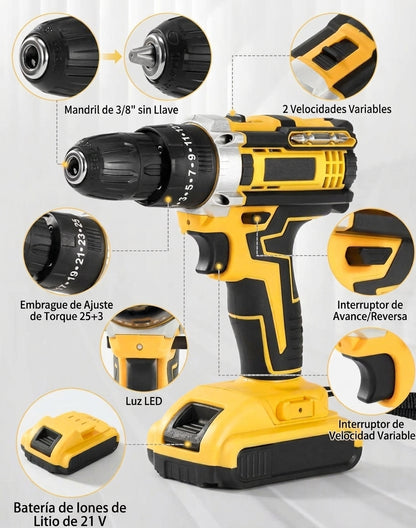 🔥 Taladro Potencia 21V – Kit 26 Piezas + 2 Baterías